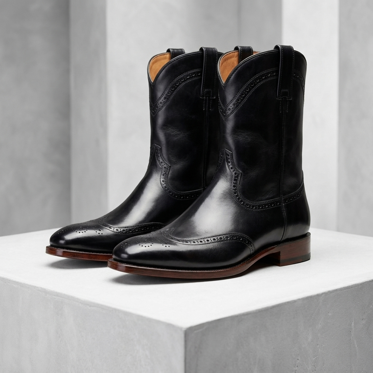 Black Leather Burrasca Wingtip Cowboy Boot with Natural Leather Sole