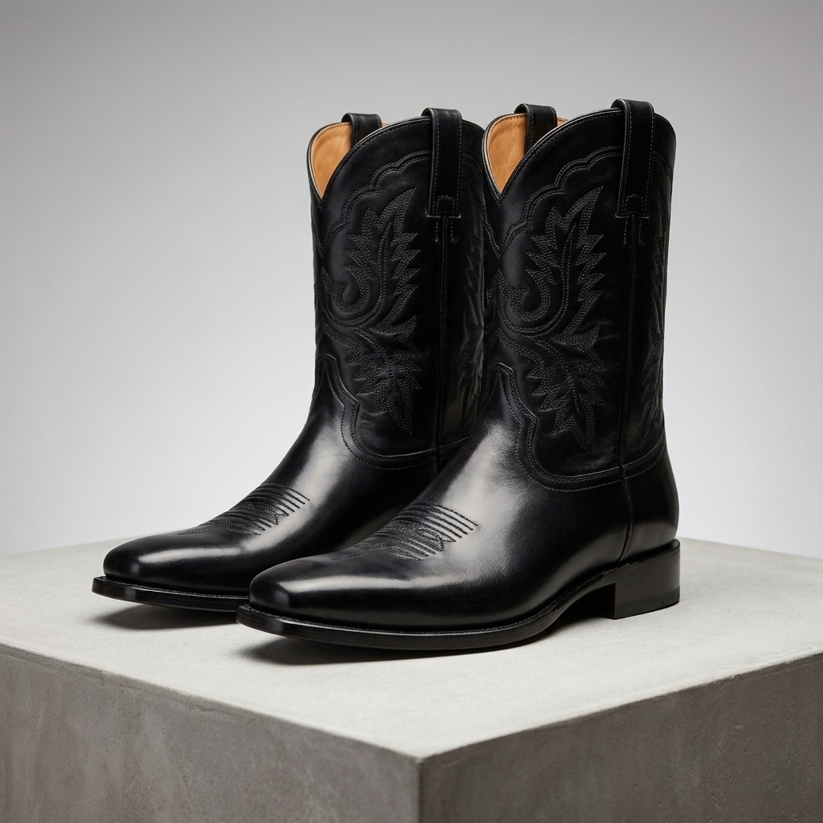 Height Increasing Black Leather Andora Cowboy Boot with Natural Leather Sole - 3 Inch Hidden Heel