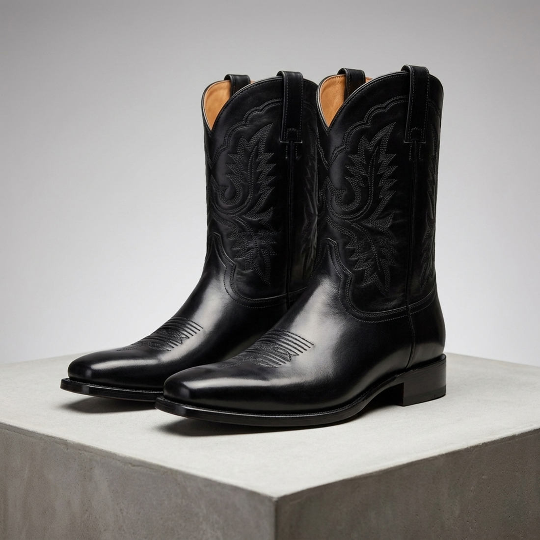 Black Leather Burrasca Cowboy Boot with Natural Leather Sole