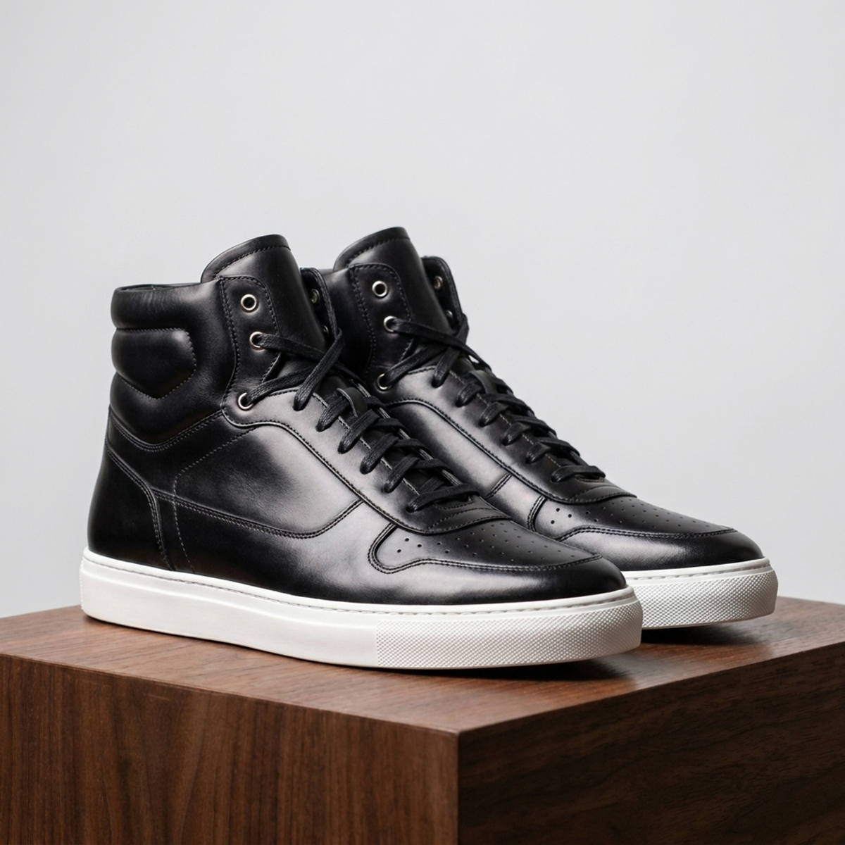 Height Increasing Black Leather Maestrale High-Top Lace-Up Sneaker - 3 Inch Hidden Heel