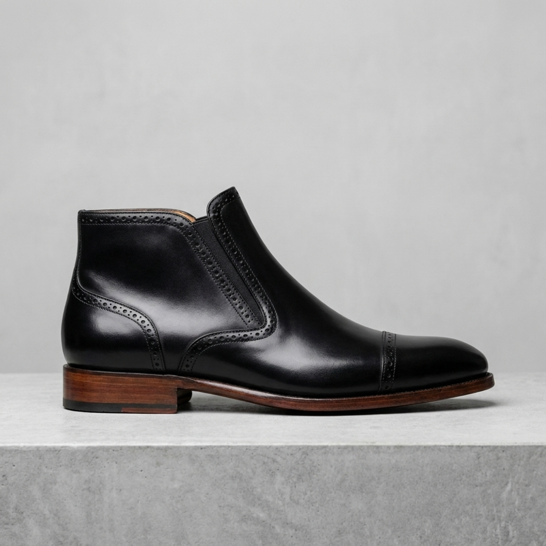 Height Increasing Black Leather Portofino Wingtip Chelsea Boot - 3 Inch Hidden Heel
