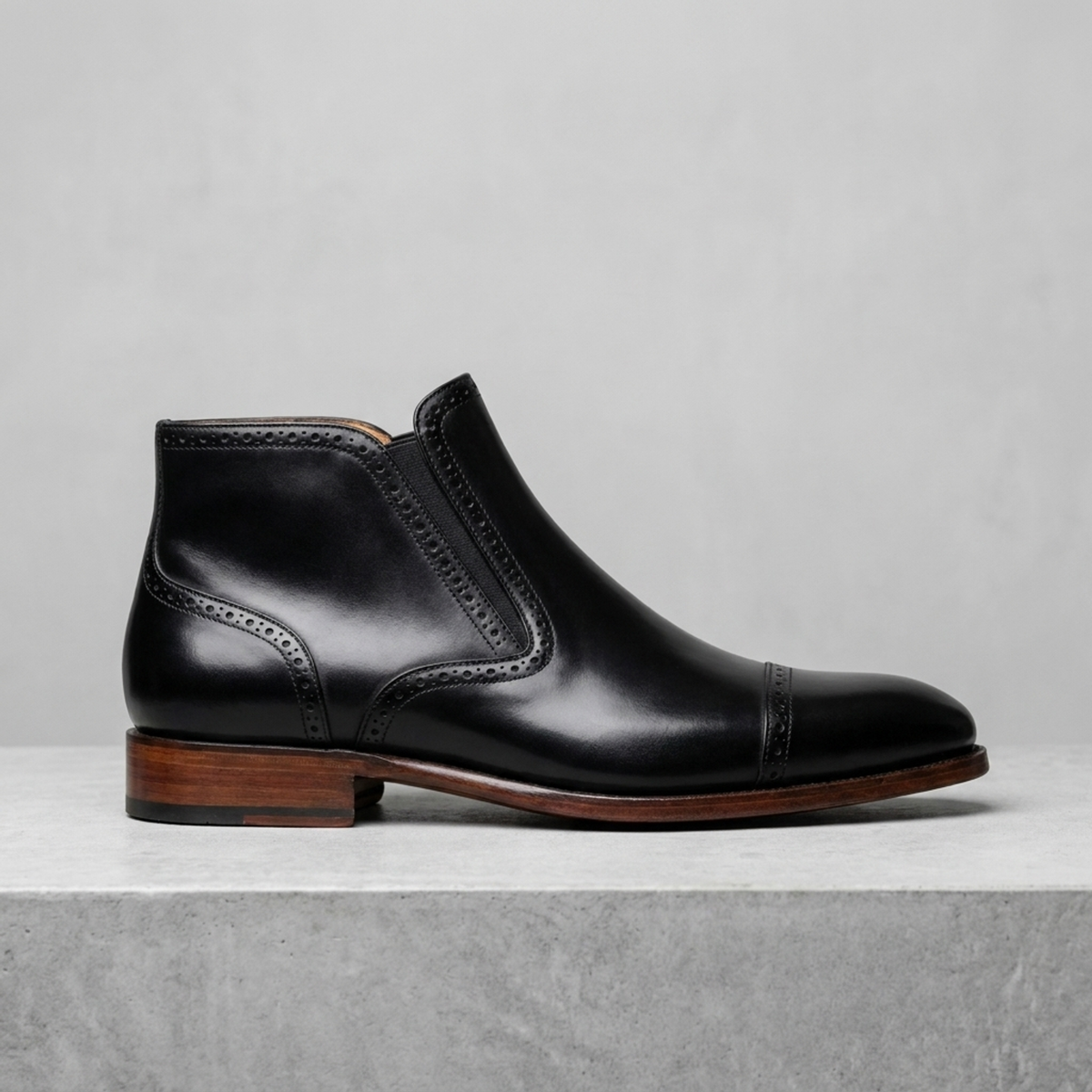 Height Increasing Black Leather Portofino Wingtip Chelsea Boot - 3 Inch Hidden Heel