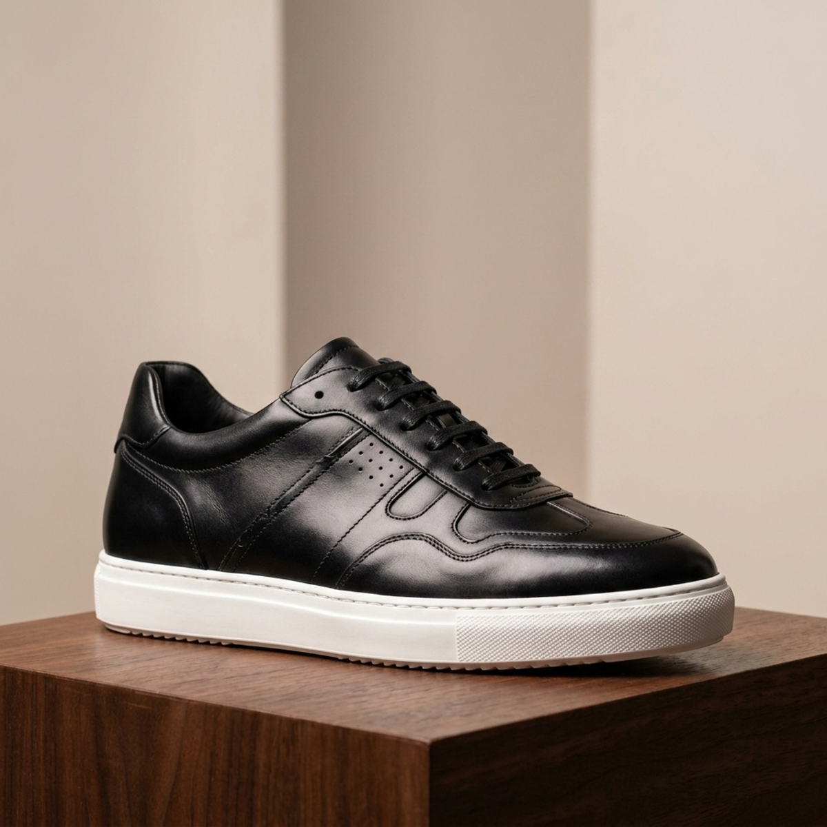 Black Leather Etna Lace-Up Sneaker with White Cup Sole