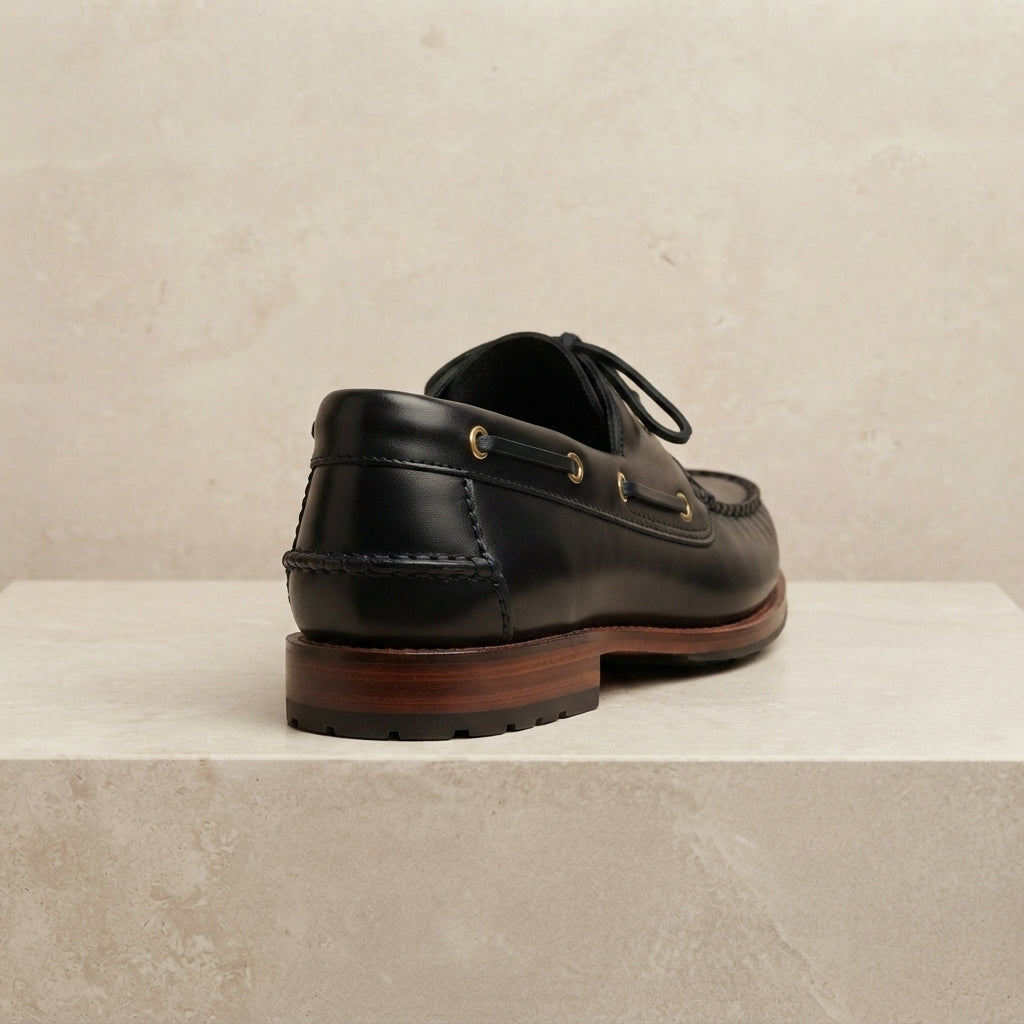 Height Increasing Black Leather Levante Boat Shoe with Natural Rubber Sole - 3 Inch Hidden Heel – heel view