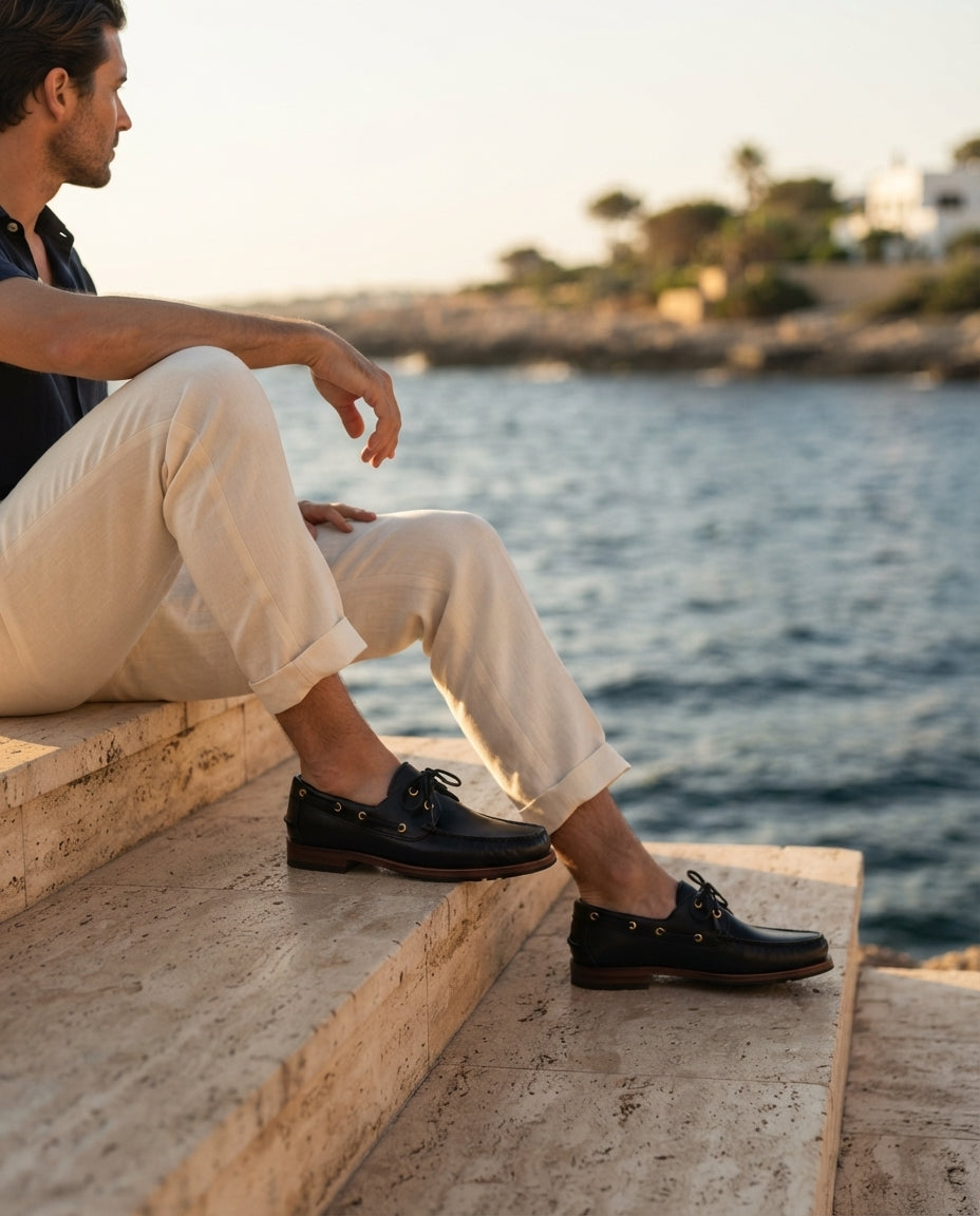 Black Leather Levante Boat Shoe with Natural Rubber Sole – lifestyle