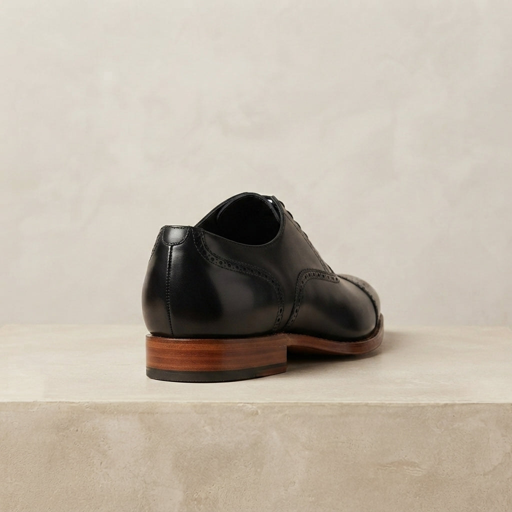 Height Increasing Black Leather Libeccio Oxford with Natural Leather Sole - 3 Inch Hidden Heel – heel view