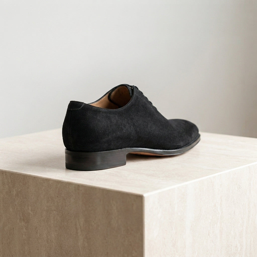 Height Increasing Black Leather Libeccio Whole Cut Oxford with Natural Leather Sole - 3 Inch Hidden Heel – heel view