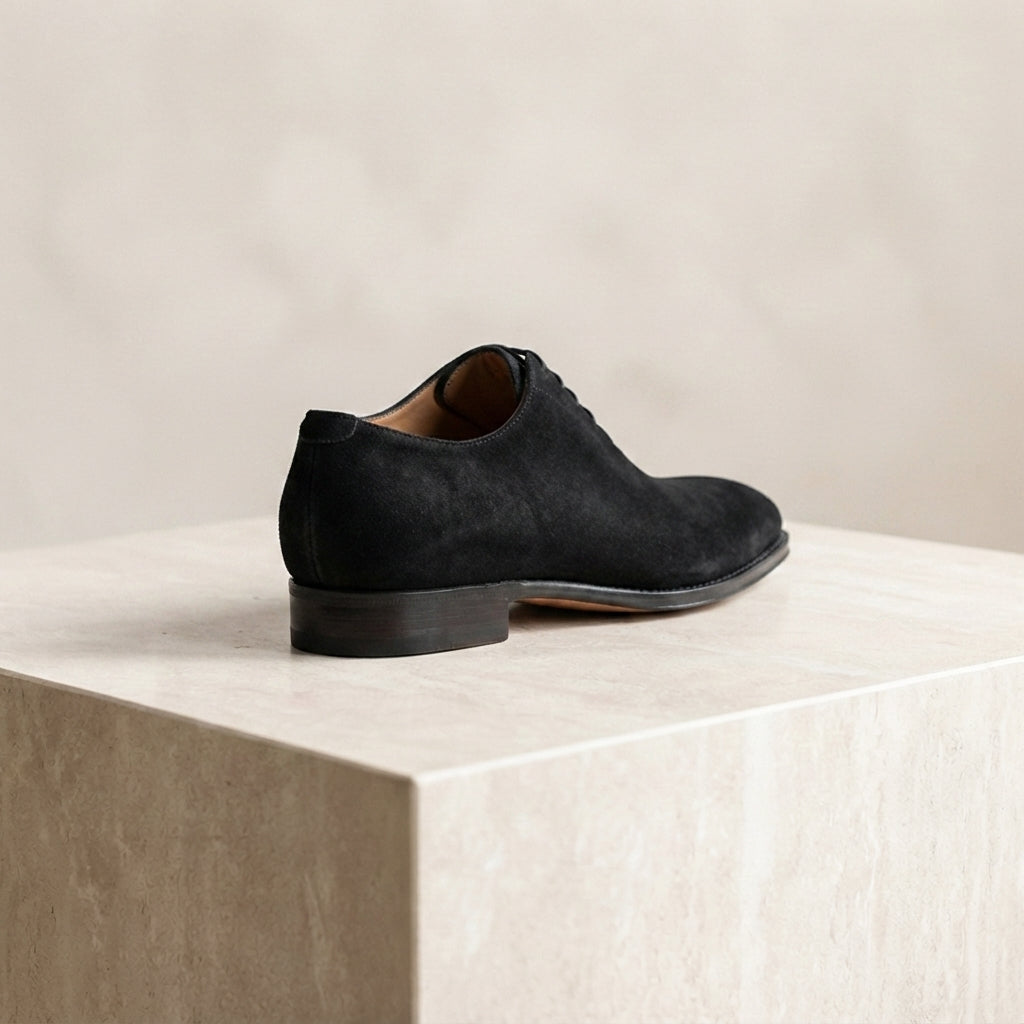 Black Leather Libeccio Whole Cut Oxford with Natural Leather Sole – heel view