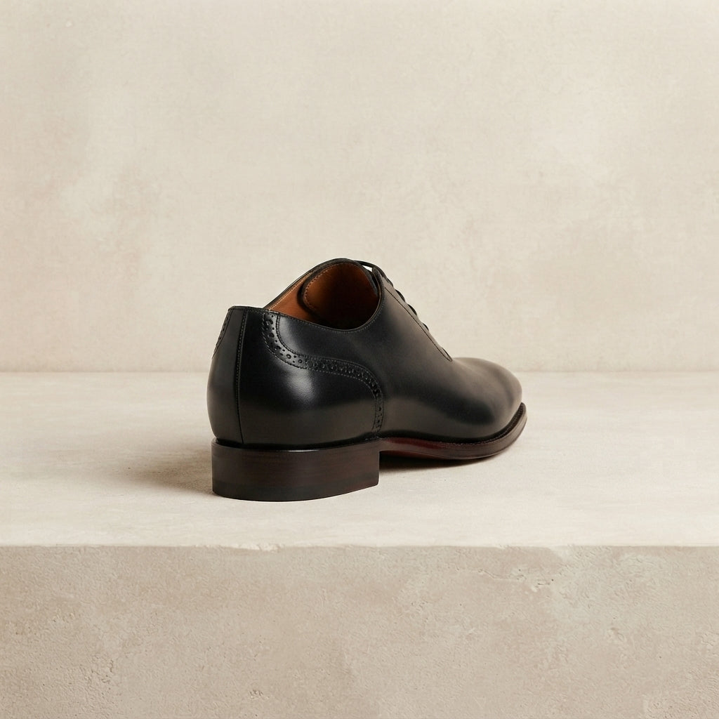 Height Increasing Black Leather Libeccio Whole Cut Oxford with Natural Leather Sole - 3 Inch Hidden Heel – heel view
