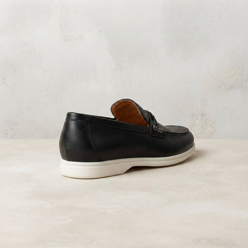 Height Increasing Black Leather Mildew Loafer with White Yacht Sole - 3 Inch Hidden Heel – heel view