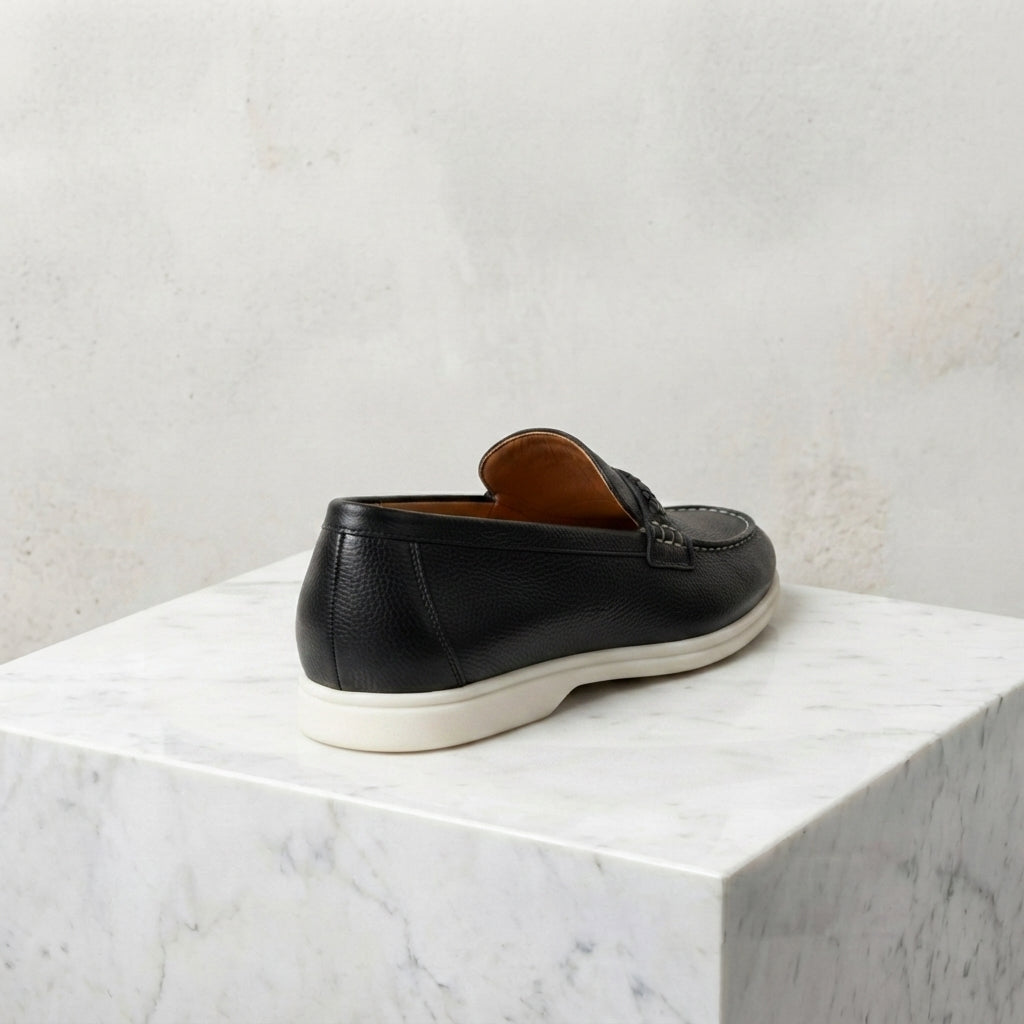 Black Leather Mildew Loafer with White Yacht Sole – heel view
