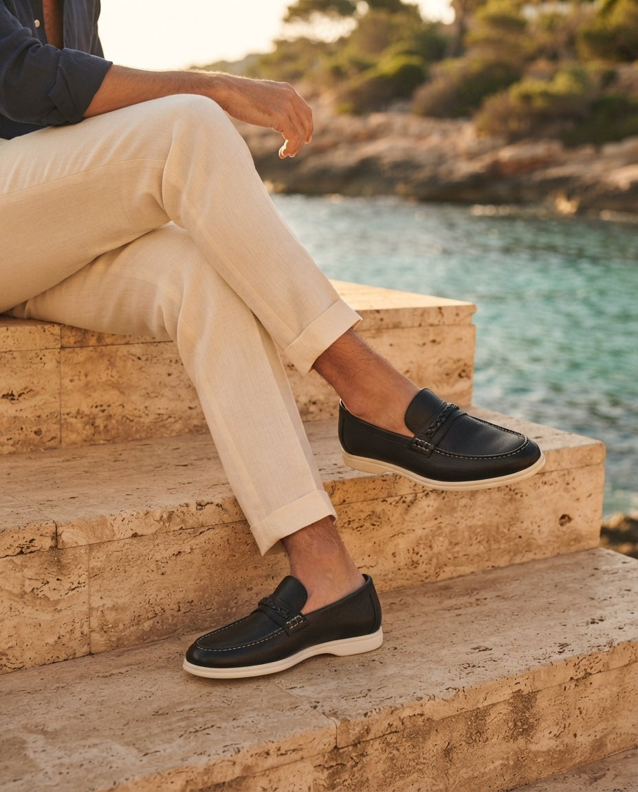Black Leather Mildew Loafer with White Yacht Sole – lifestyle