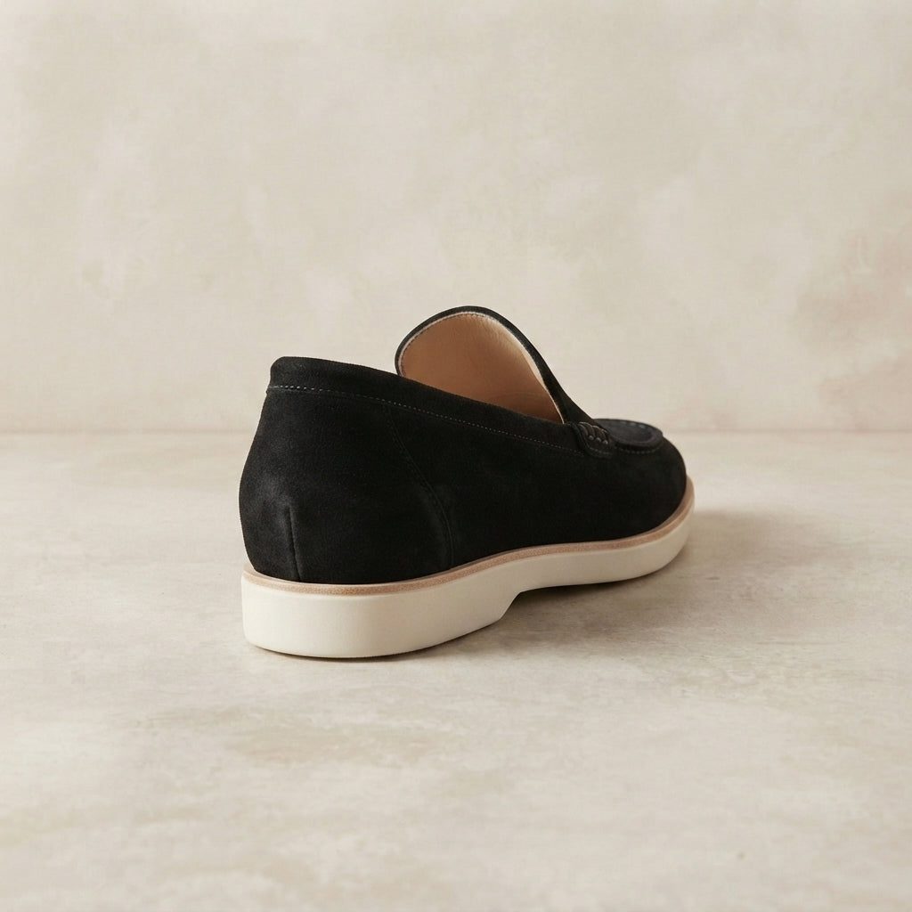 Height Increasing Black Leather Mildew Loafer with White Yacht Sole - 3 Inch Hidden Heel – heel view