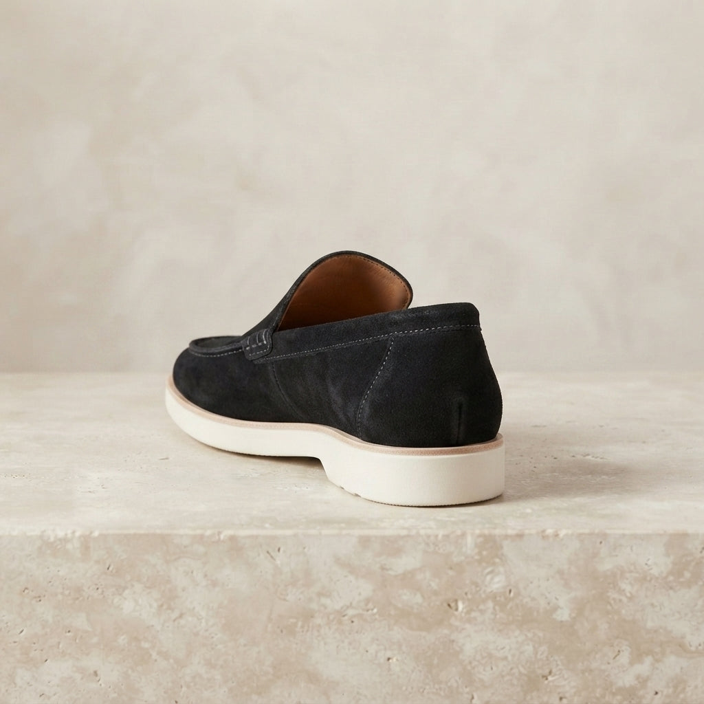 Black Leather Mildew Loafer with White Yacht Sole – heel view