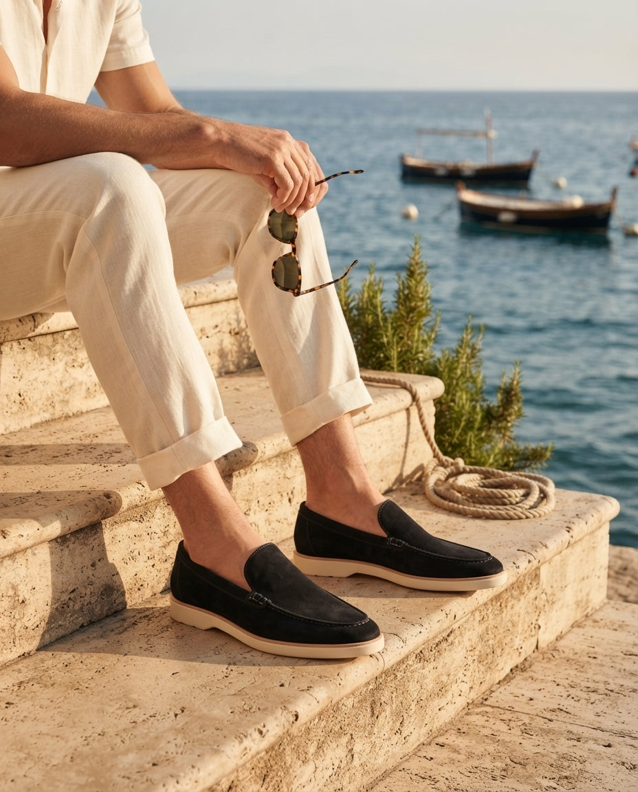 Black Leather Mildew Loafer with White Yacht Sole – lifestyle
