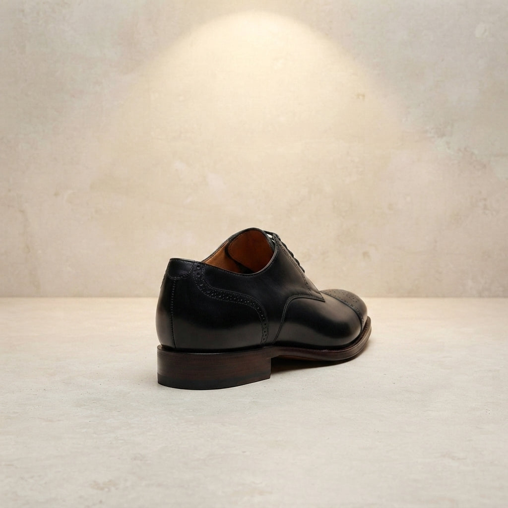 Height Increasing Black Leather Ostro Derby with Natural Leather Sole - 3 Inch Hidden Heel – heel view