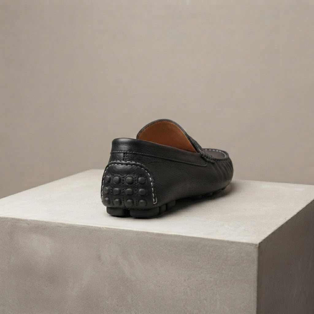 Height Increasing Black Leather Ponente Driving Shoe with Pebble Rubber Sole - 3 Inch Hidden Heel – heel view