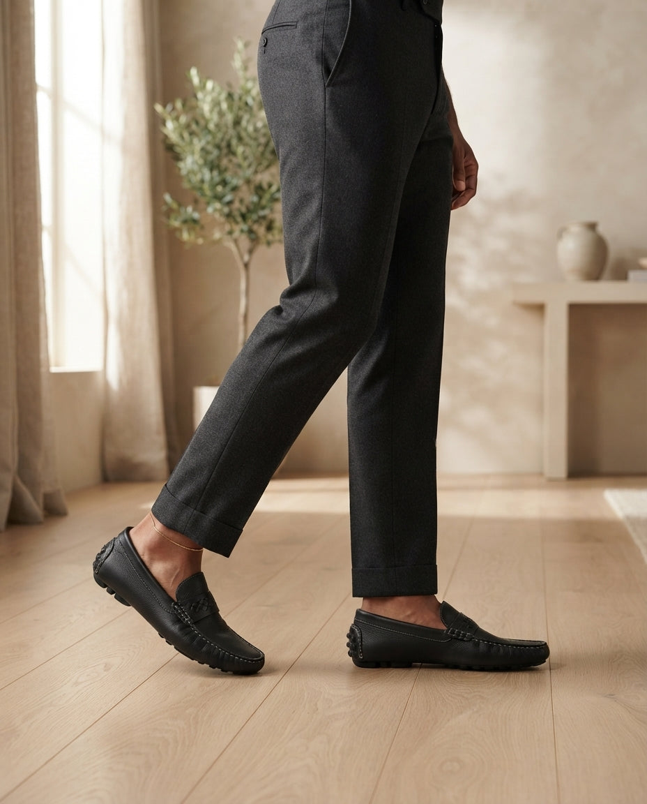 Height Increasing Black Leather Ponente Driving Shoe with Pebble Rubber Sole - 3 Inch Hidden Heel – lifestyle