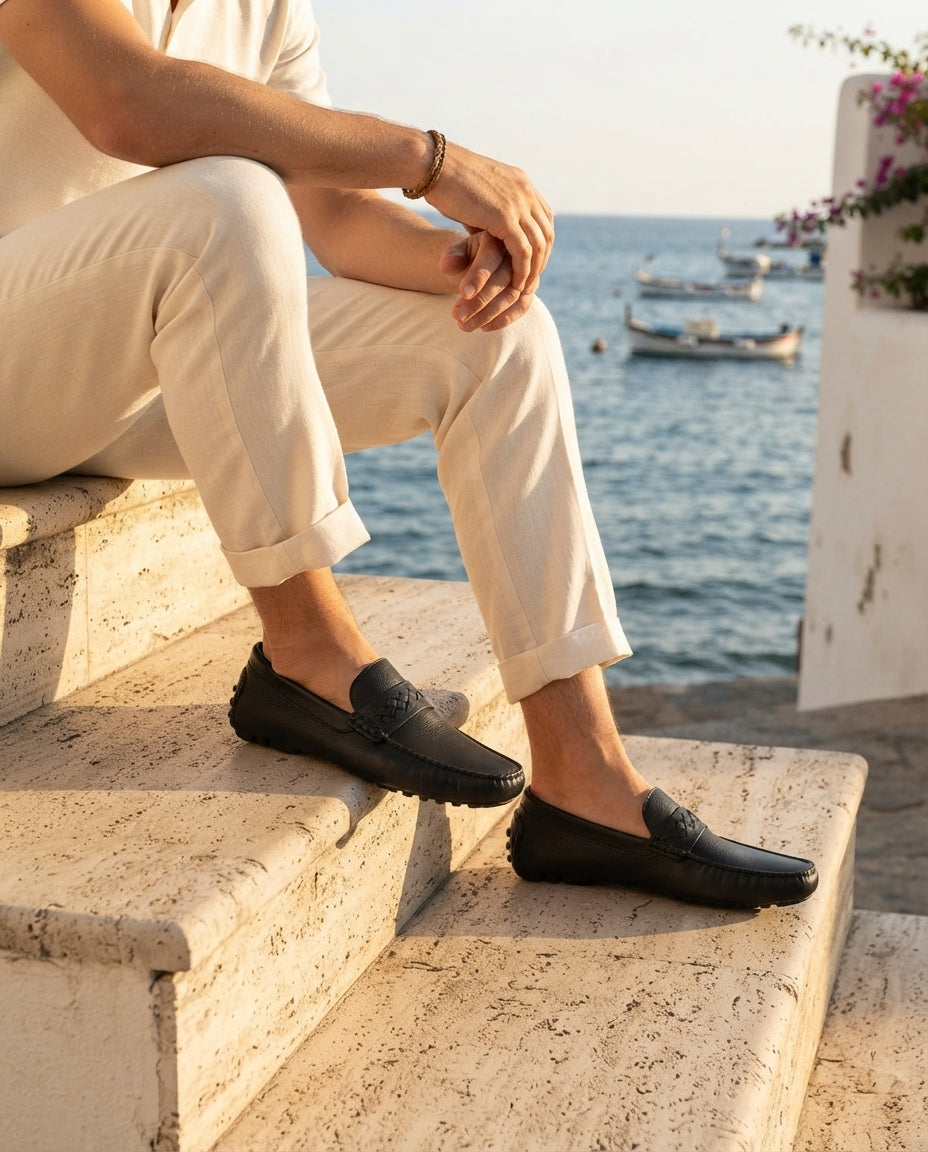 Black Leather Ponente Driving Shoe with Pebble Rubber Sole – lifestyle