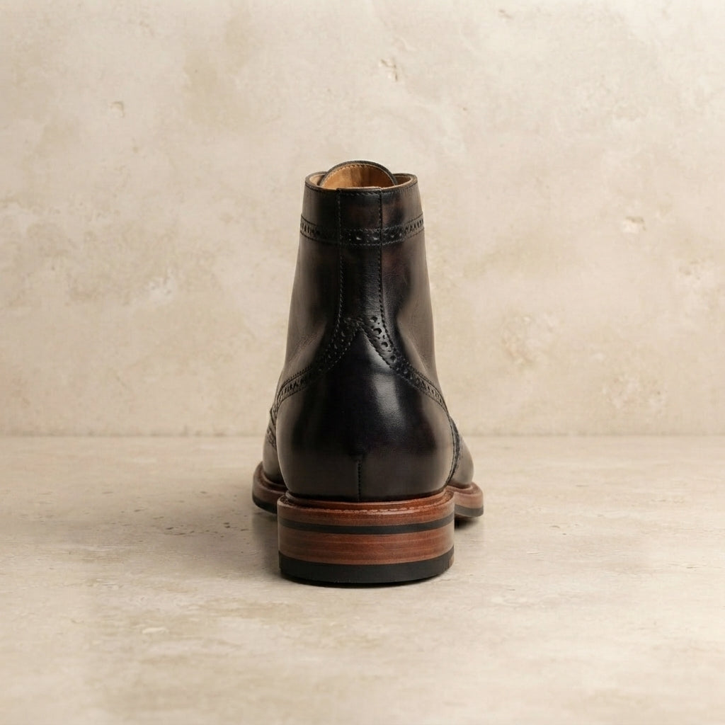 Height Increasing Black Leather Scirocco Boot with Natural Leather Sole - 3 Inch Hidden Heel – heel view