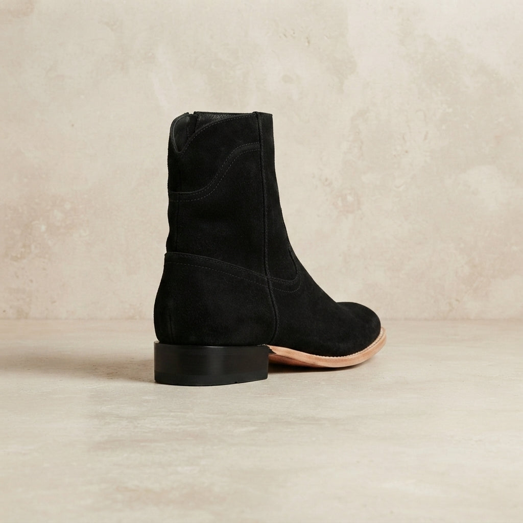 Height Increasing Black Leather Scirocco Boot with Natural Leather Sole - 3 Inch Hidden Heel – heel view