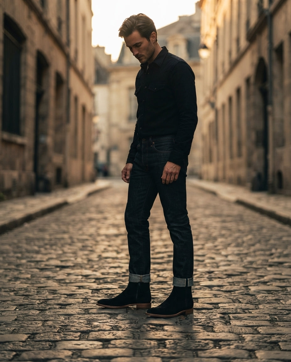 Black Leather Scirocco Boot with Natural Leather Sole – lifestyle