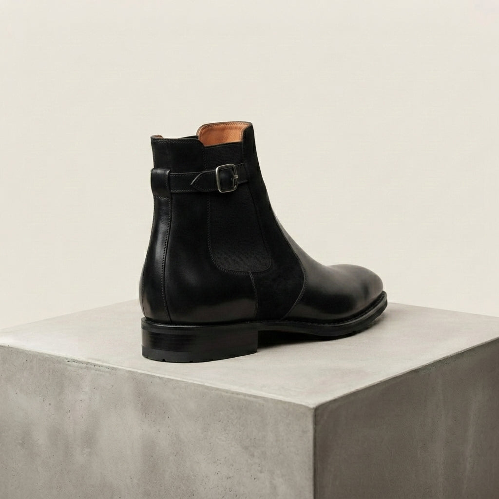 Height Increasing Black Leather Scirocco Boot with Natural Leather Sole - 3 Inch Hidden Heel – heel view