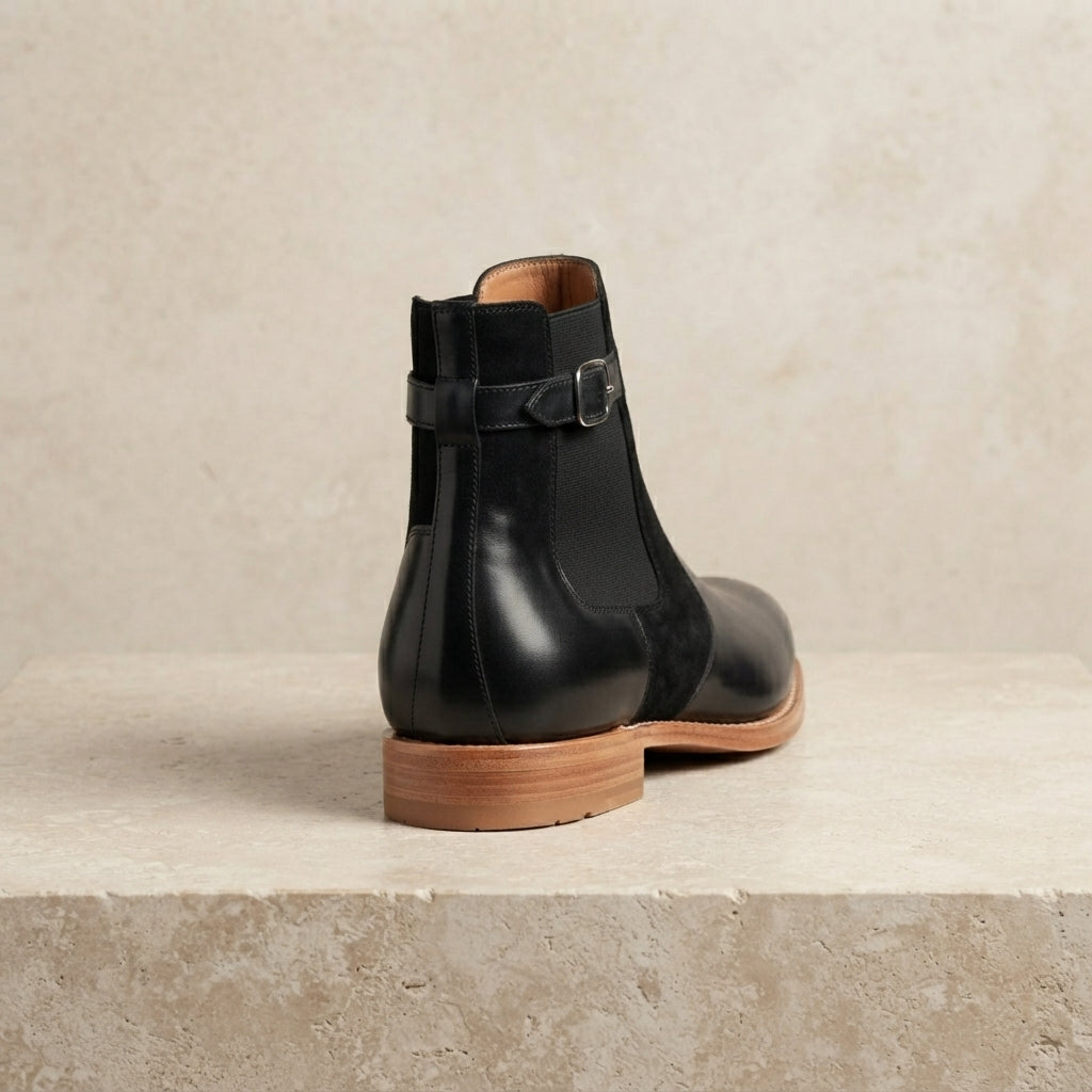 Black Leather Scirocco Boot with Natural Leather Sole – heel view