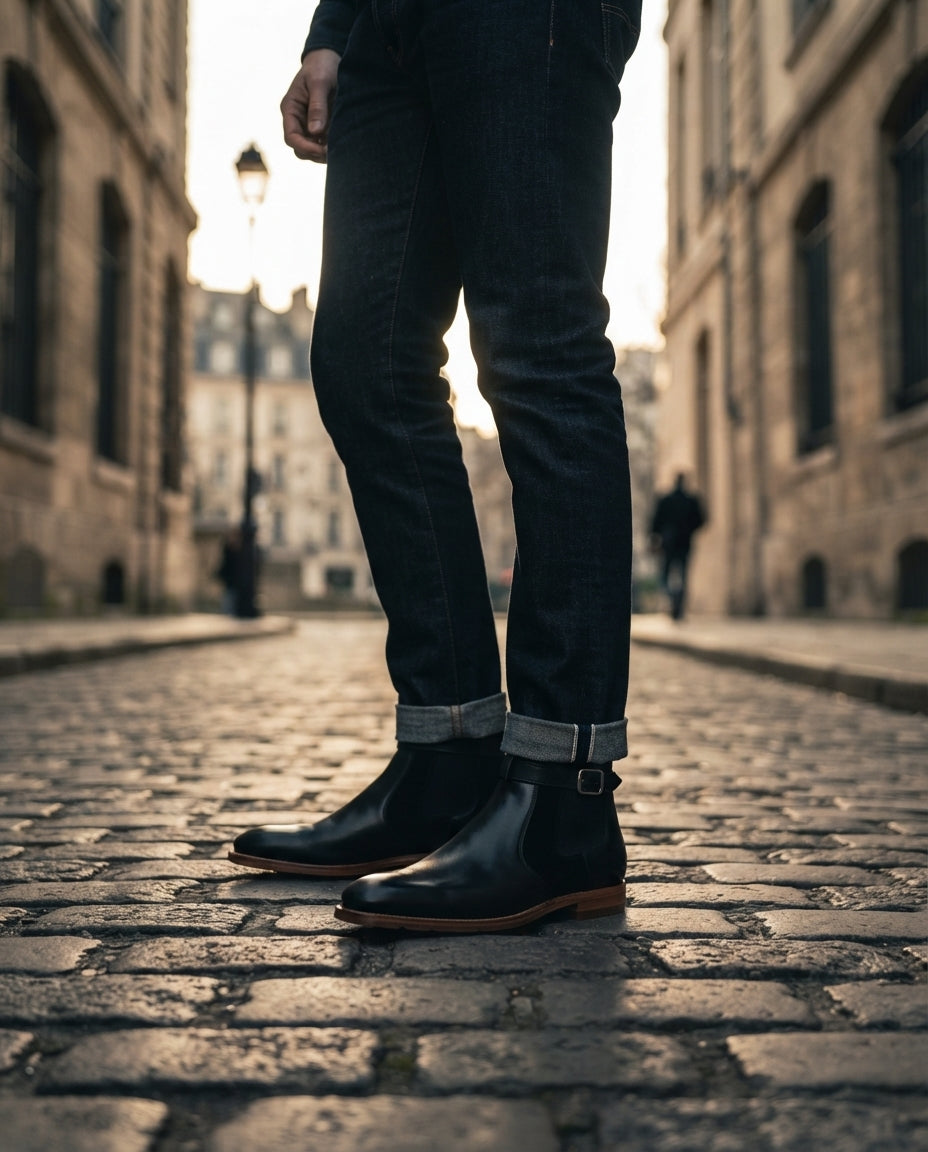 Black Leather Scirocco Boot with Natural Leather Sole – lifestyle