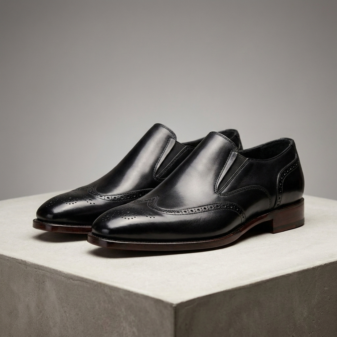 Height Increasing Black Leather Brenta Wingtip Slip-On - 3 Inch Hidden Heel
