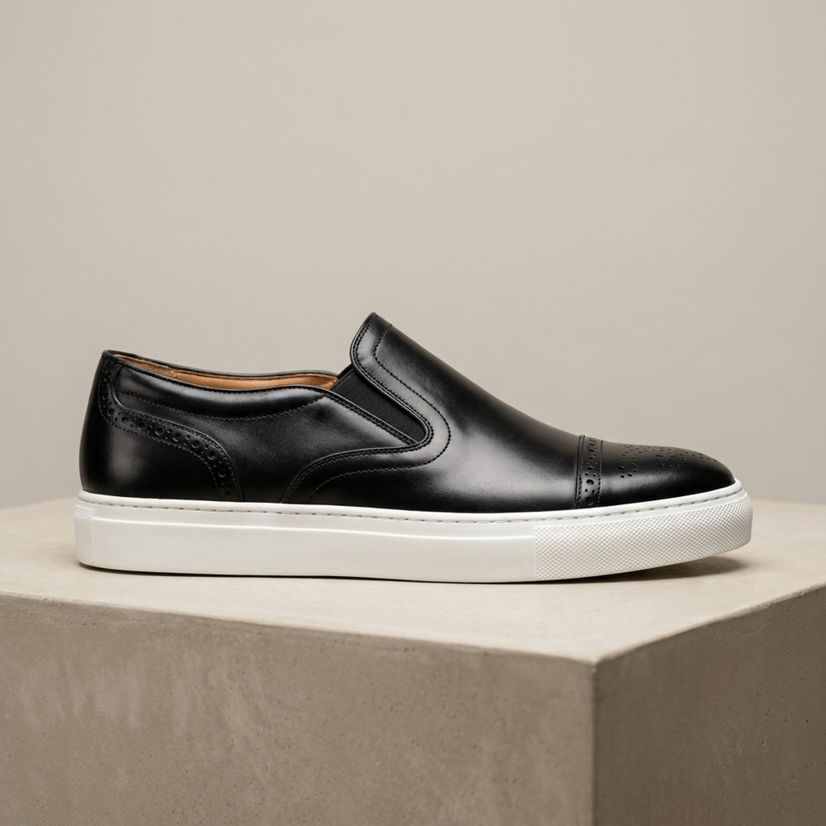 Height Increasing Black Leather Cervino Slip-On Sneaker with White Cup Sole - 3 Inch Hidden Heel