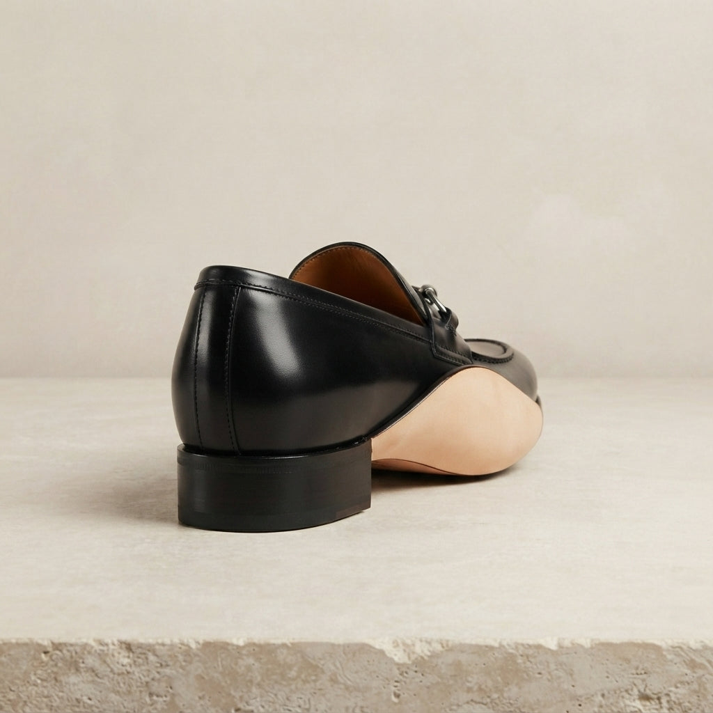Height Increasing Black Leather Solaro Horse Bit Loafer with Natural Leather Sole - 3 Inch Hidden Heel – heel view