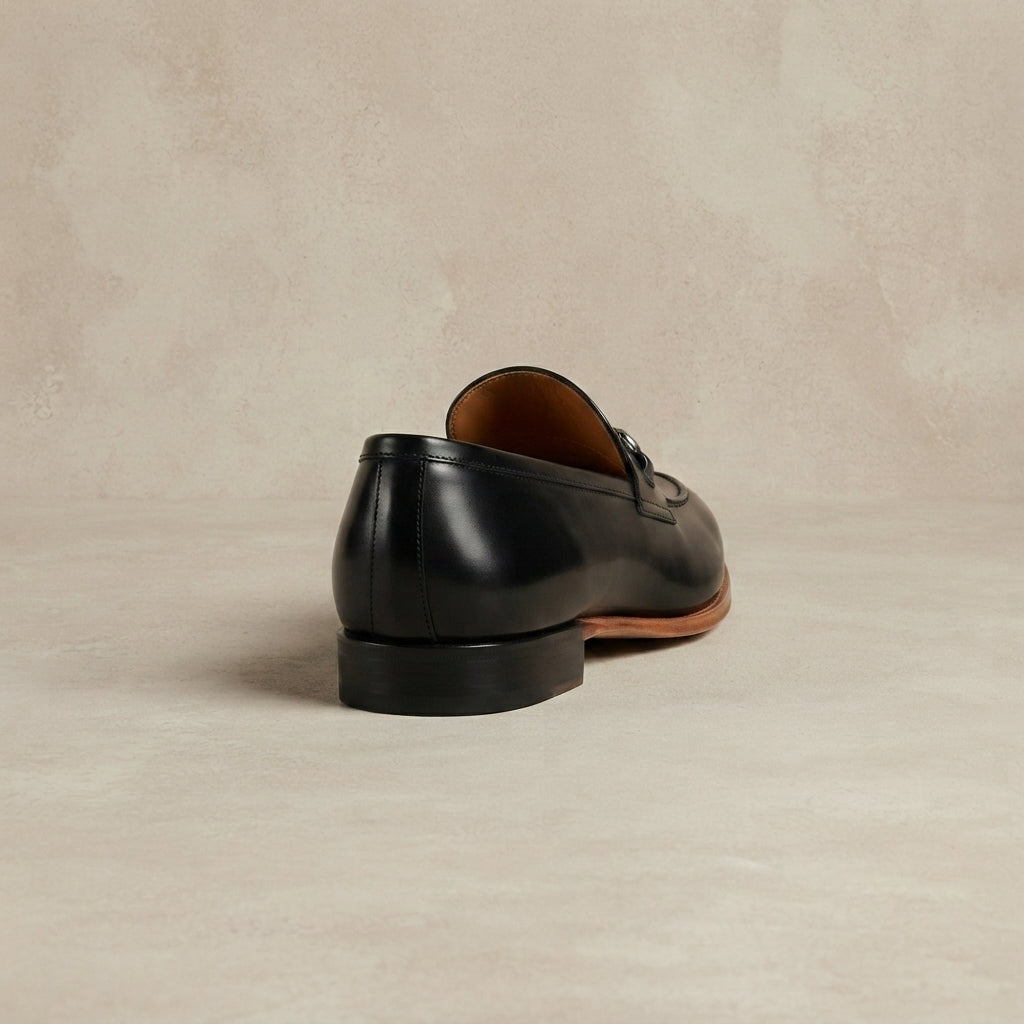 Black Leather Solaro Horse Bit Loafer with Natural Leather Sole – heel view