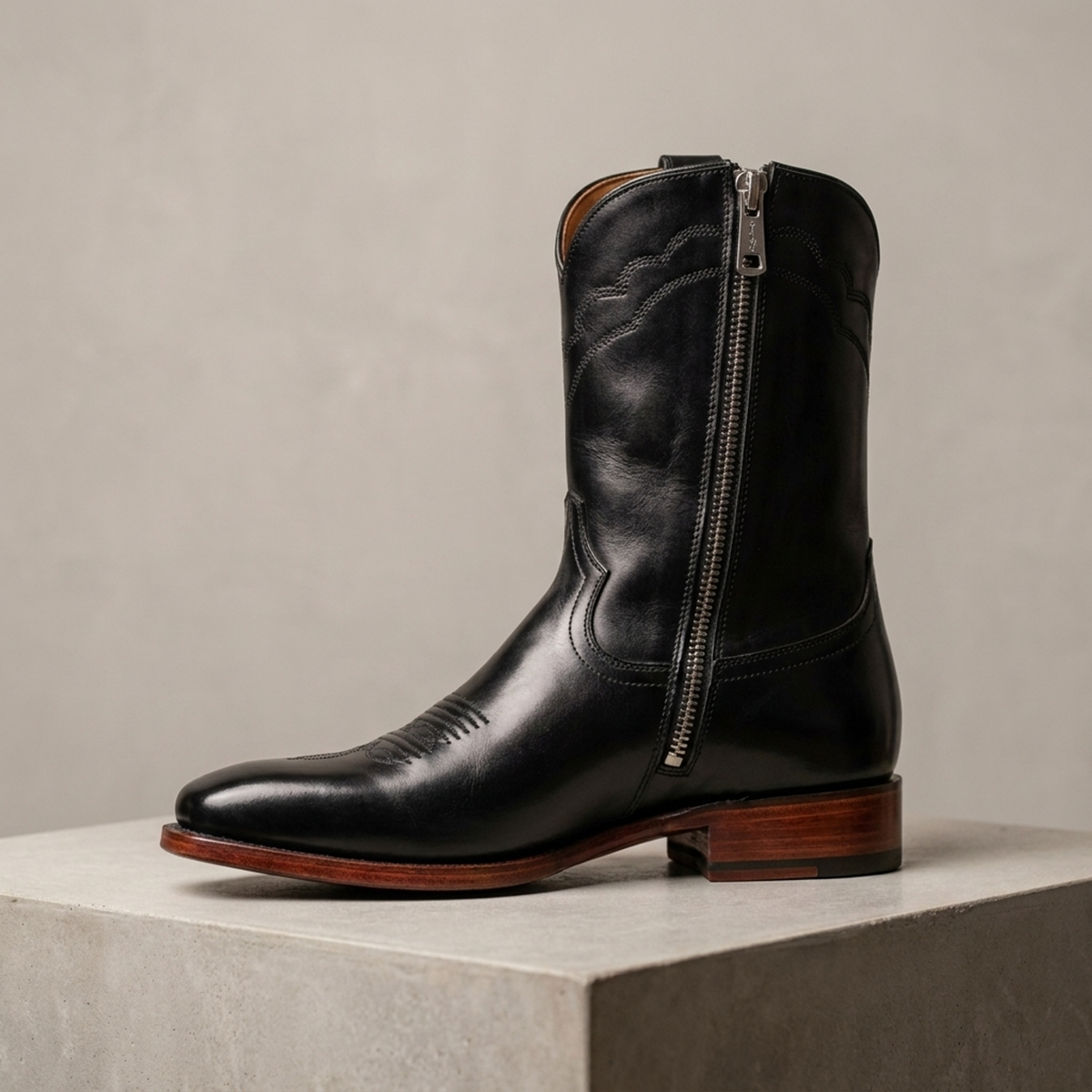 Height Increasing Black Leather Burrasca Zipper Cowboy Boot with Natural Leather Sole - 3 Inch Hidden Heel