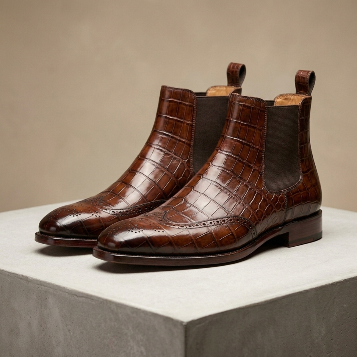 Height Increasing Brown Crocodile-Print Leather Bergeggi Wingtip Chelsea Boot with Natural Leather Sole - 3 Inch Hidden Heel