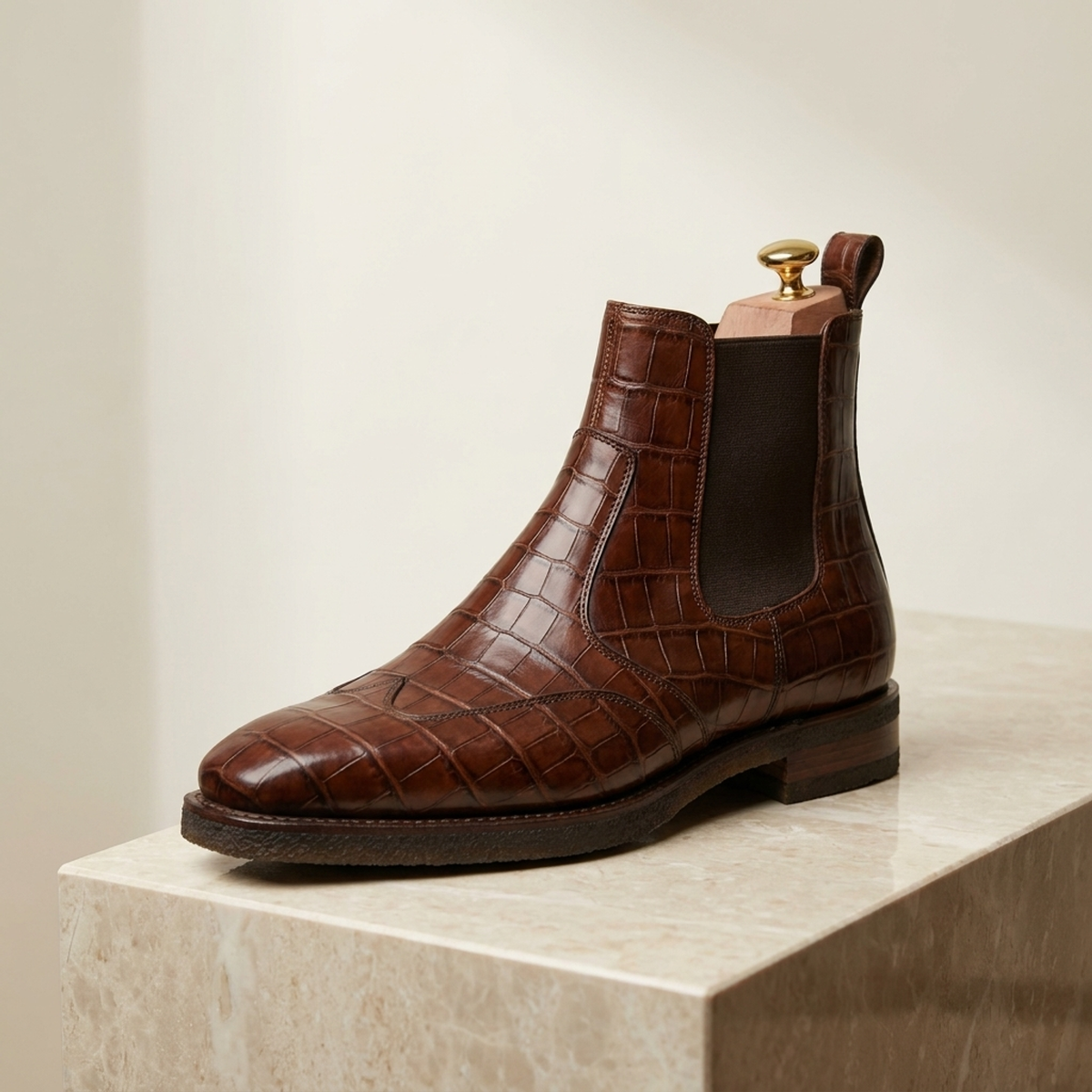 Height Increasing Brown Crocodile-Print Leather Tramontana Chelsea Boot with Natural Leather Sole - 3 Inch Hidden Heel