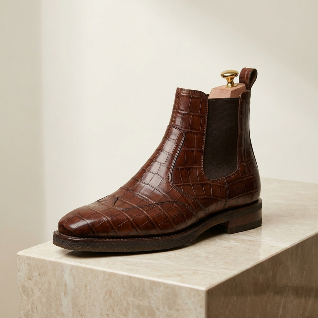 Brown Crocodile-Print Leather Tramontana Chelsea Boot with Natural Leather Sole