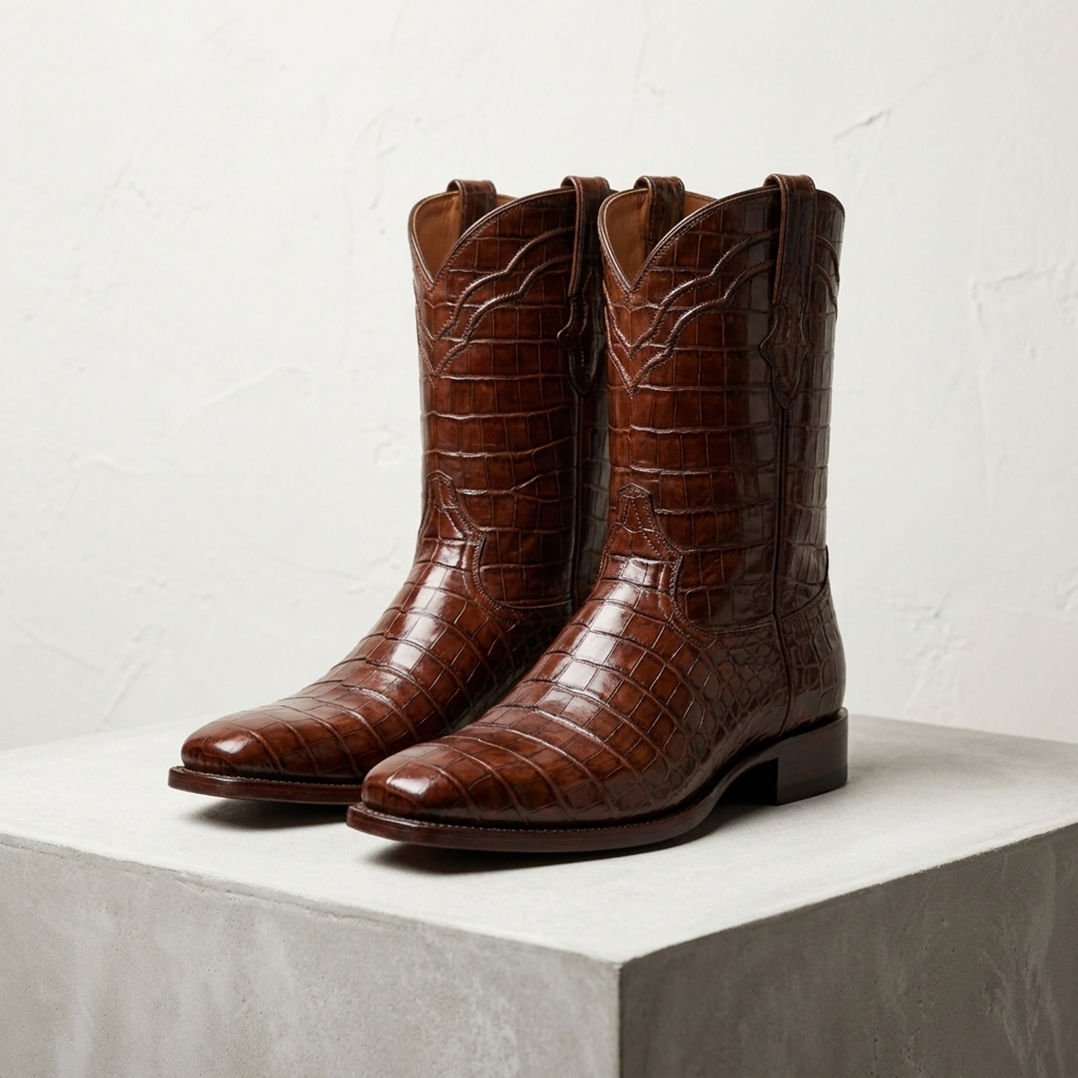 Brown Crocodile-Print Leather Burrasca Cowboy Boot with Natural Leather Sole