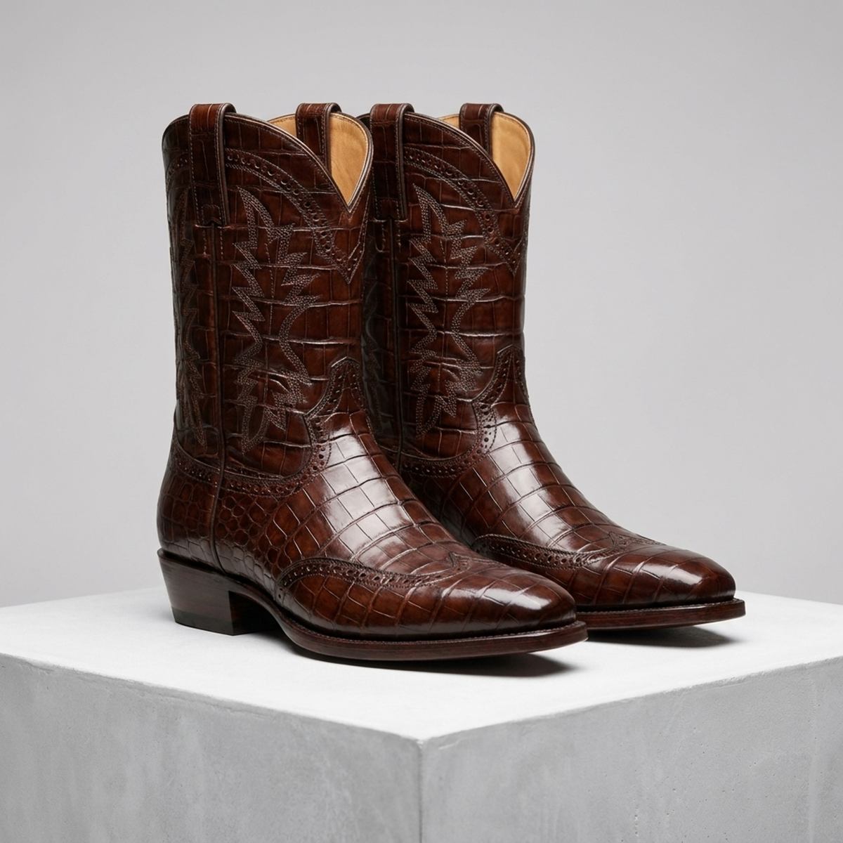 Height Increasing Brown Crocodile-Print Leather Imperia Wingtip Cowboy Boot with Natural Leather Sole - 3 Inch Hidden Heel