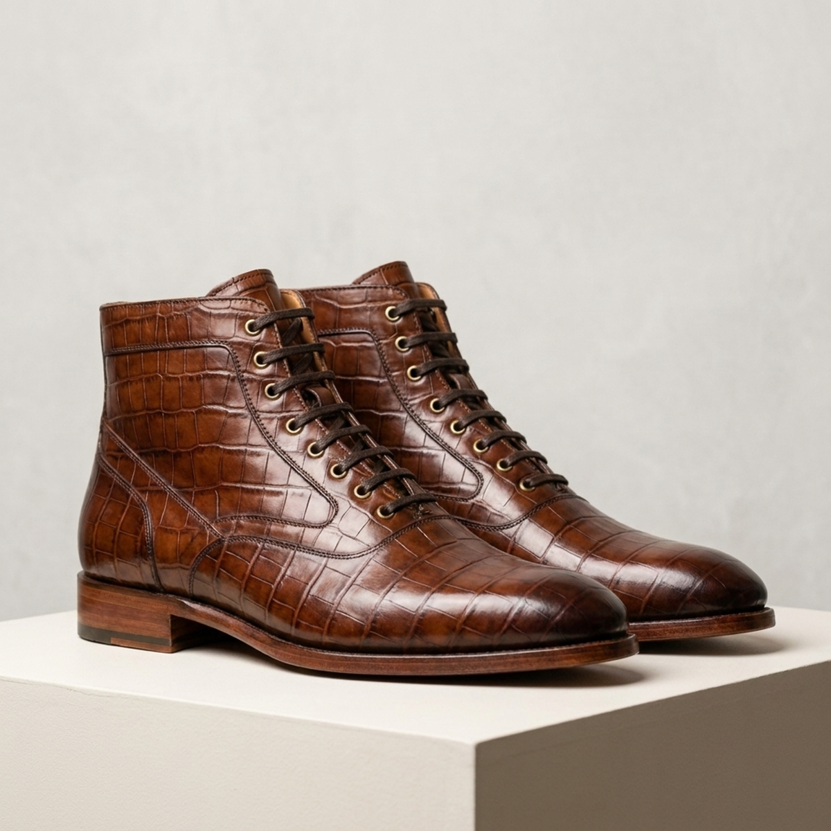 Brown Crocodile-Print Leather Favonio Wingtip Lace-Up Boot