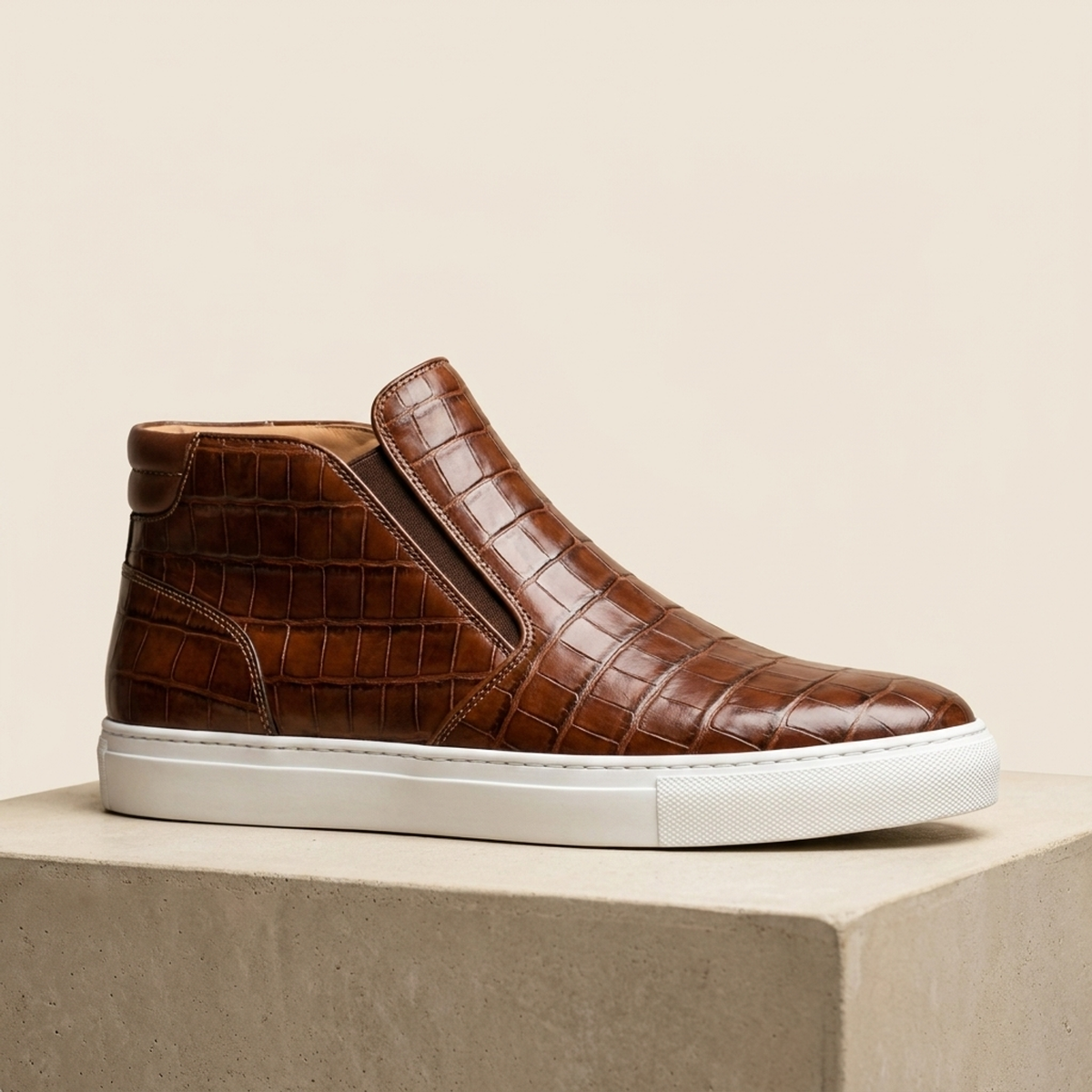 Brown Crocodile-Print Leather Maestrale High-Top Slip-On Sneaker