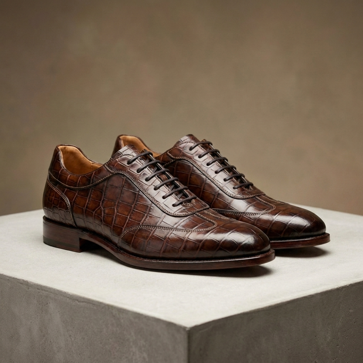 Height Increasing Brown Crocodile-Print Leather Appia Lace-Up Oxford - 3 Inch Hidden Heel