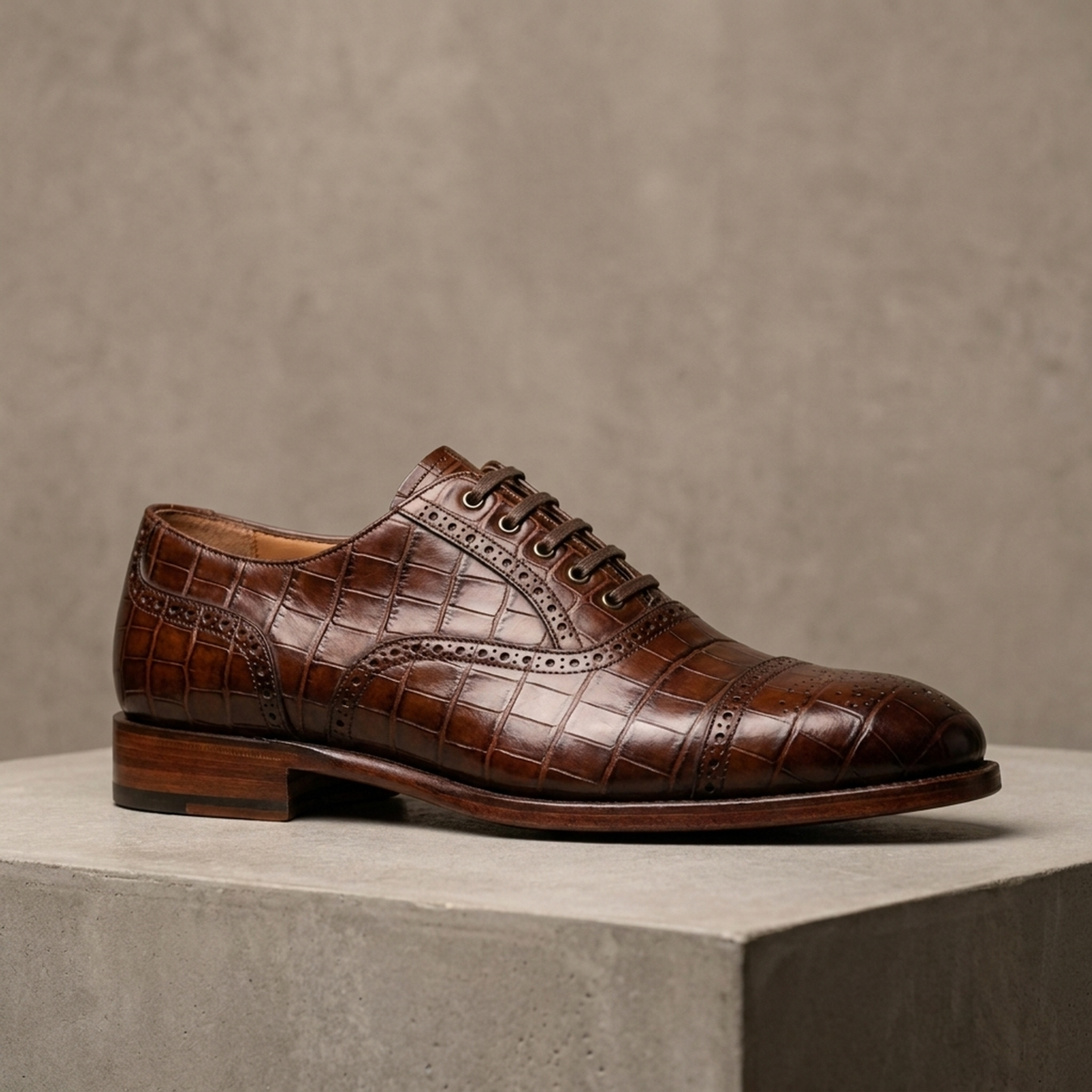 Height Increasing Brown Crocodile-Print Leather Aurelia Cap-Toe Oxford - 3 Inch Hidden Heel