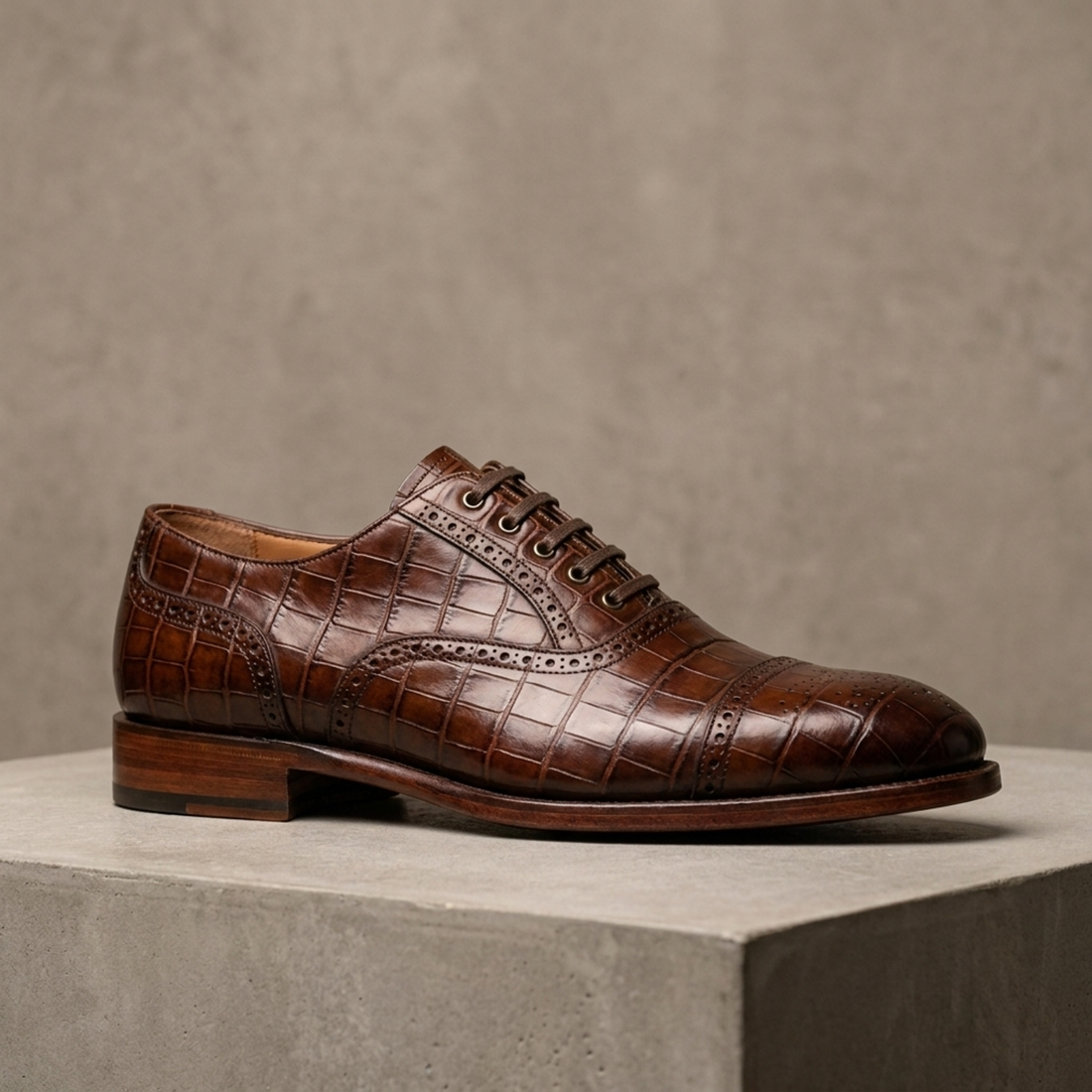 Brown Crocodile-Print Leather Aurelia Cap-Toe Oxford