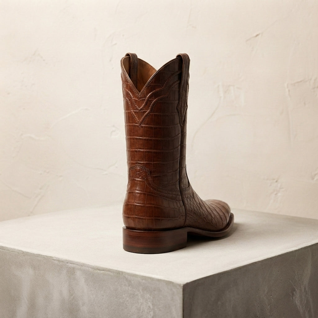 Height Increasing Brown Crocodile-Print Leather Burrasca Cowboy Boot with Natural Leather Sole - 3 Inch Hidden Heel – heel view