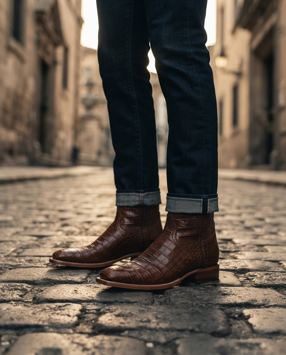 Height Increasing Brown Crocodile-Print Leather Burrasca Cowboy Boot with Natural Leather Sole - 3 Inch Hidden Heel – lifestyle