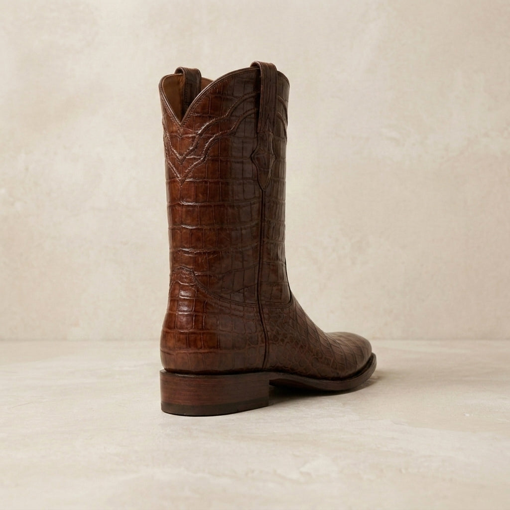 Brown Crocodile-Print Leather Burrasca Cowboy Boot with Natural Leather Sole – heel view