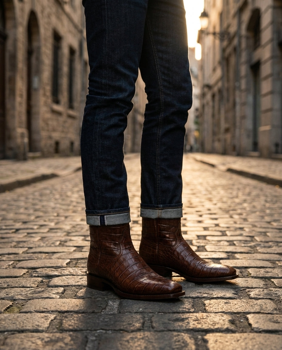 Brown Crocodile-Print Leather Burrasca Cowboy Boot with Natural Leather Sole – lifestyle