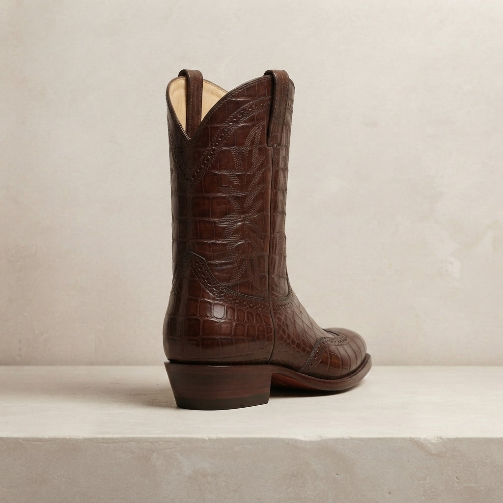 Height Increasing Brown Crocodile-Print Leather Burrasca Cowboy Boot with Natural Leather Sole - 3 Inch Hidden Heel – heel view