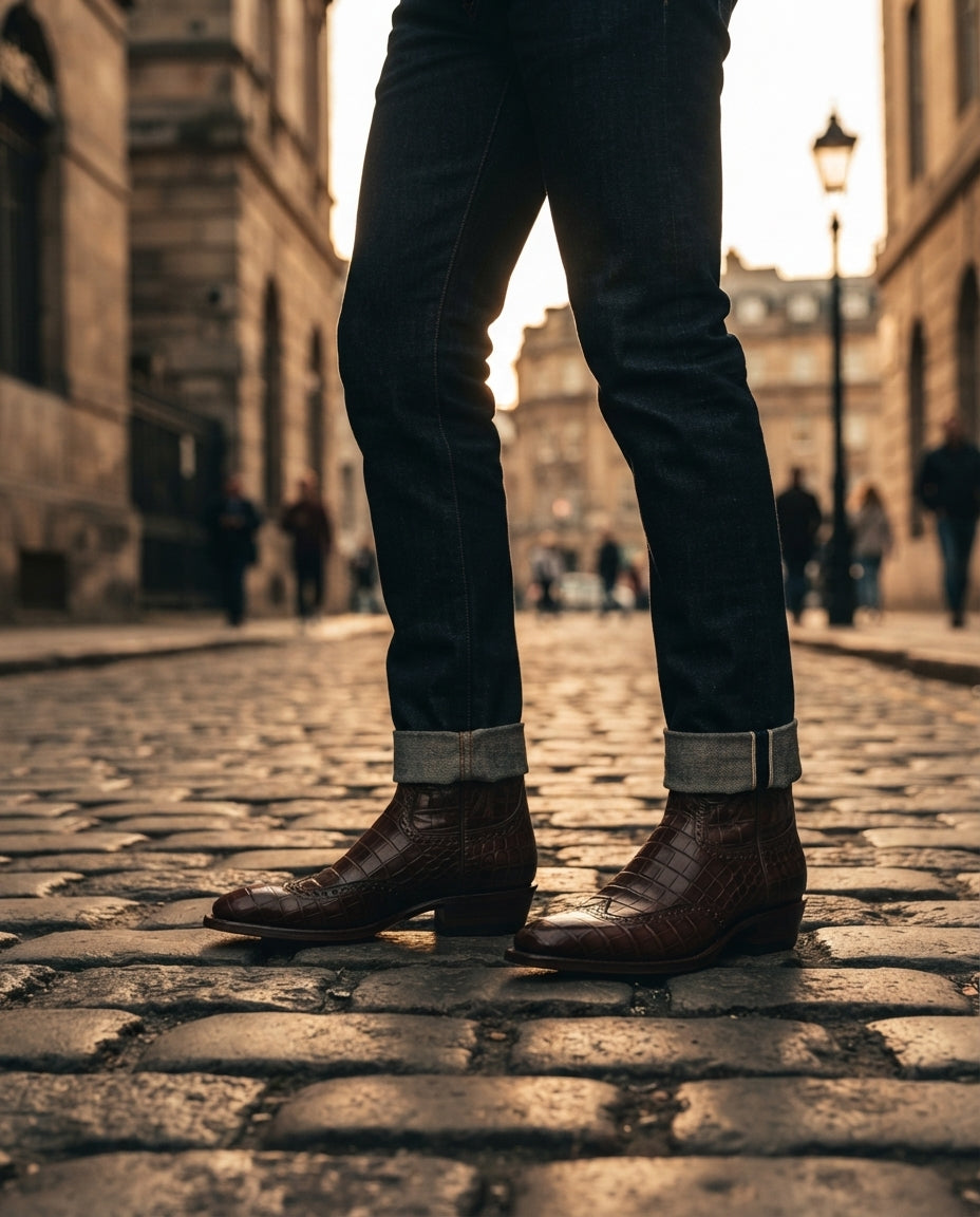 Height Increasing Brown Crocodile-Print Leather Burrasca Cowboy Boot with Natural Leather Sole - 3 Inch Hidden Heel – lifestyle